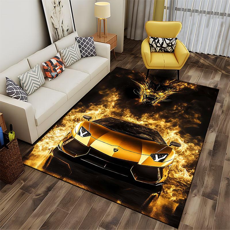 Golden Car with Fiery Dragon suitable as a non-slip mat for the living room or bedroom sofa