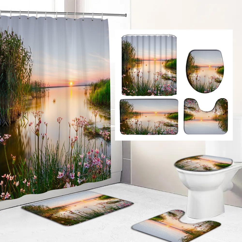 3D Natural Forest Landscape Printed Waterproof Fabric Bathroom Curtain Shower Curtains Set Anti-Skid Rugs Toilet Cover Bath Mat