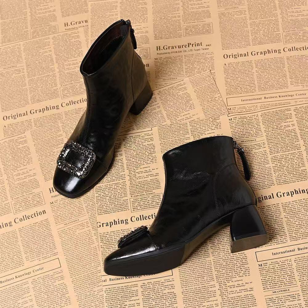 New Style Shoes: Square-toed Ankle Boots, Chunky-heeled Mid-calf Boots, Square-button Low-heeled Women's Shoes