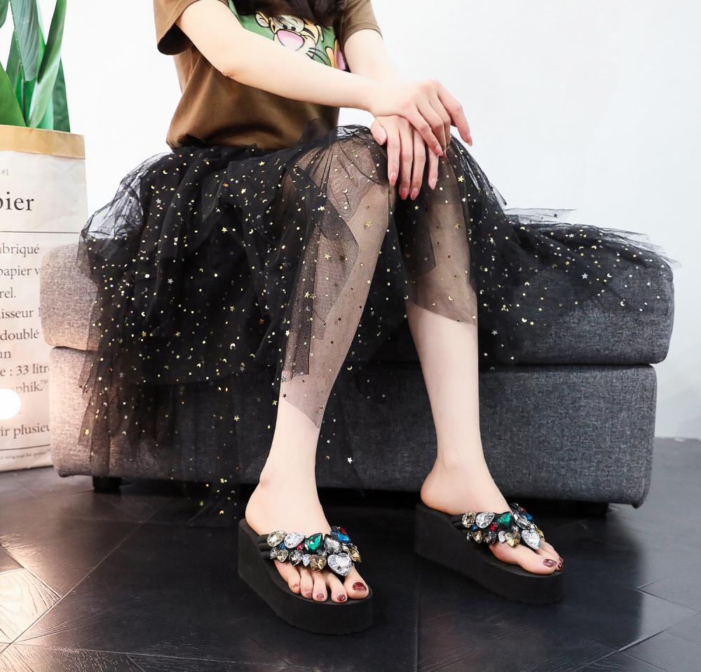 Women's Summer Rhinestone Wedge Flip-Flops: Thick-Soled, Non-Slip, High-Heeled Toe-Post Sandals