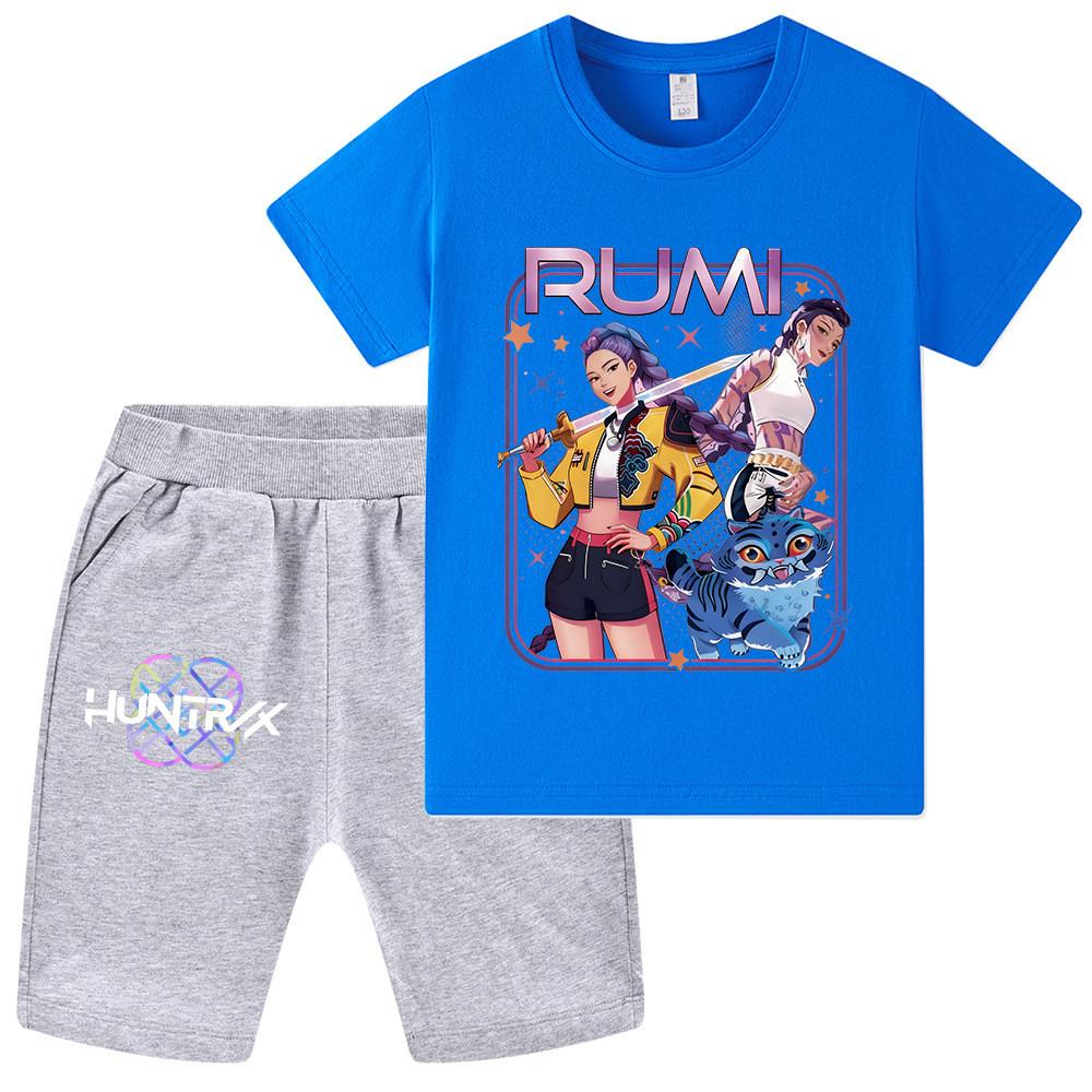 

WA1249 Kids Boys Girls Kpop Rumi Zoey Mira Print Short Sleeves T-shirt Shorts Pants Sets 160cm
