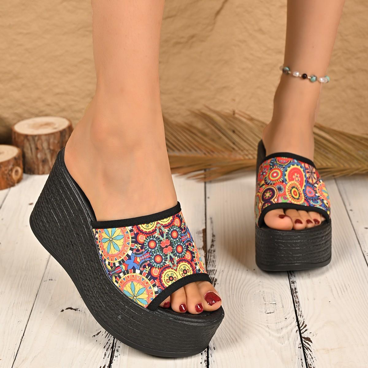 

2024 female summer muffin thick-bottomed mesh flower cool slippers female fish mouth super high with lace wedge heel one-word drag 36