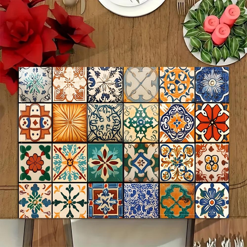 4/6pcs Set of Portuguese Table Mats with Tile Pattern, Fashionable Printed Design for Dining Tables, Kitchens, Parties, Indoor, Festive, Dinner and