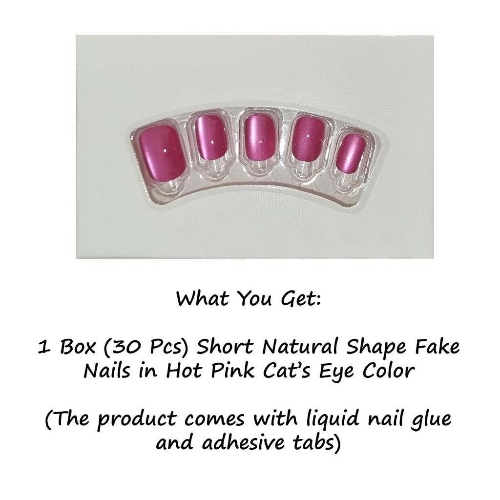 S.A.V.I 30 Pcs Hot Pink Cat Eye Press On Nails for Women, Short Length Natural Square, Glossy Reusable Artificial Nails with Glue & Adhesive Tabs,