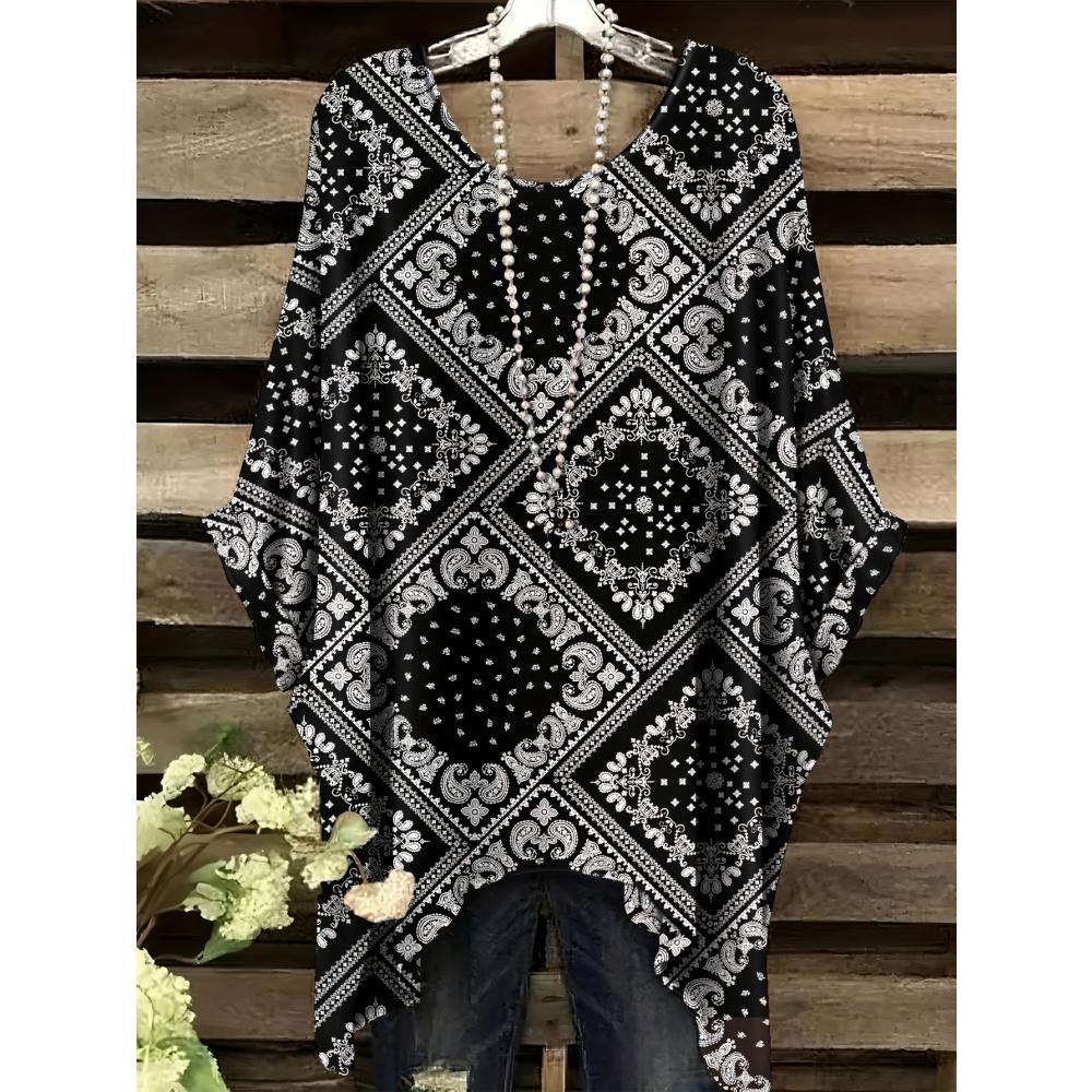 Sommer Damen T-Shirt Ethnischer Stil Gedruckter Frack Rundhalsausschnitt Lässig Bequem Y2k T-Shirt Vintage Damen Kurzarm-T-Shirt