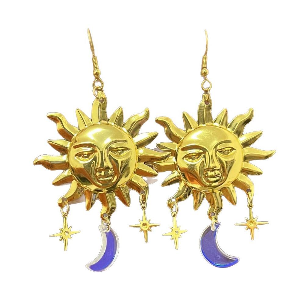 Creative Exaggerated Purple Crystal Relief Human Face Sun Moon Star Dangle Earrings for Woman Bohemia Artistic Jewelry Accessory