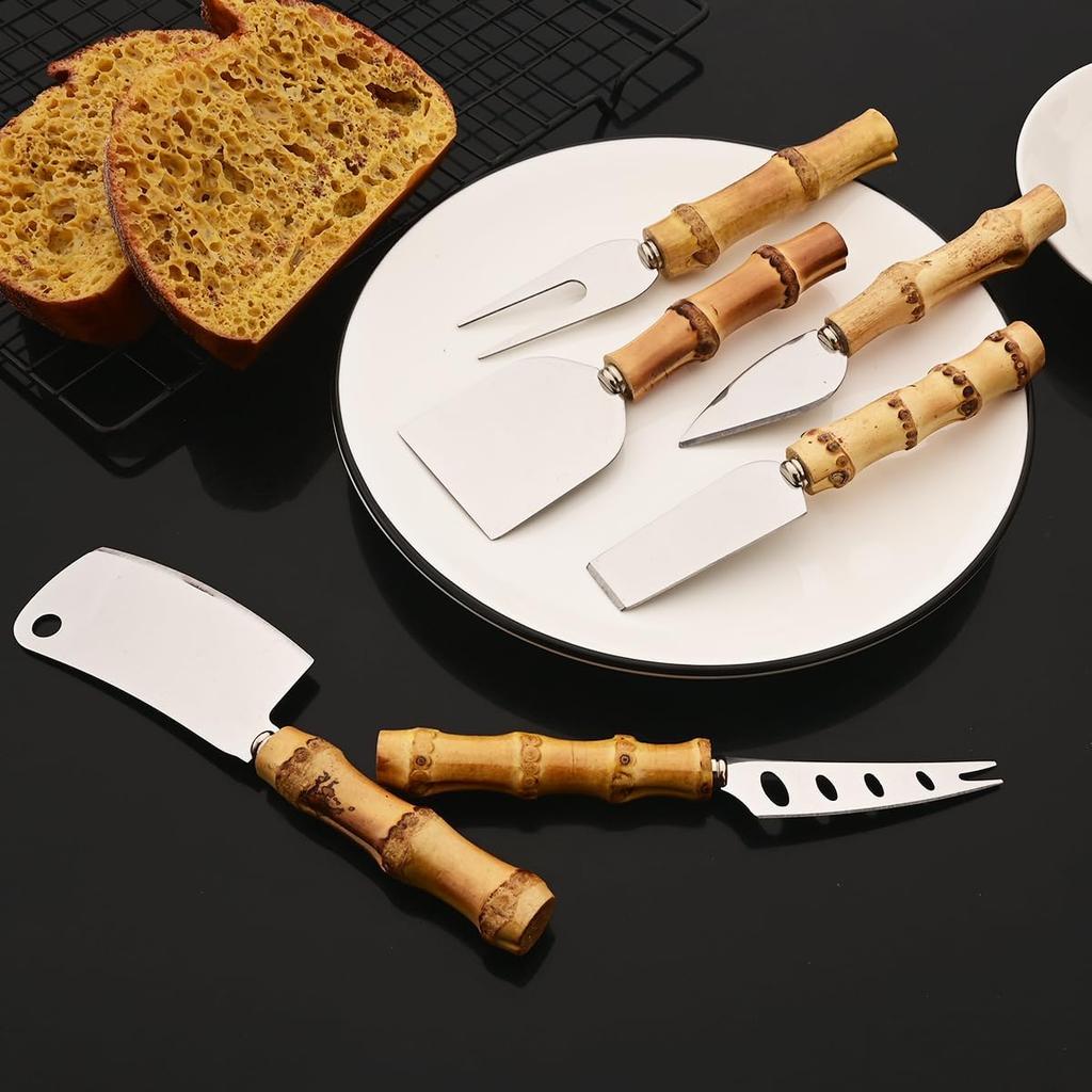 4/5/7-piece Cheese Knife Set Stainless Steel Silverware Set Bamboo Handle Utensils Hostess Serving Set for Buffet Home