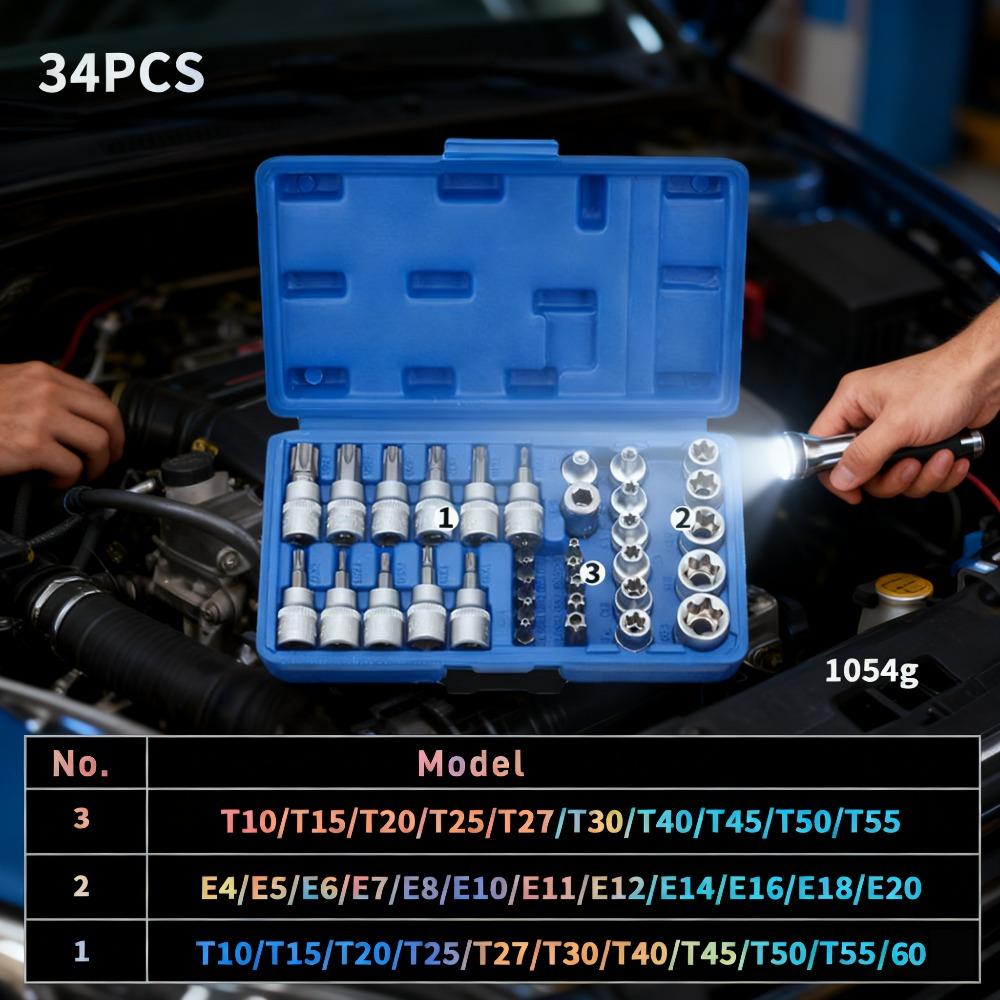 34-Piece Drive Torx Bit and E-Torx Star Socket Set, Cr-V E4-20, T10-T60, Tamper Proof T10-T55, Adapter With Storage Case