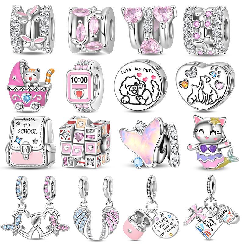 Copper Rubik'S Cube Pet Cat Charm Pink Cz Beads Dangle Pendant Fit Original Charms Bracelets Women Diy Jewelry Gift