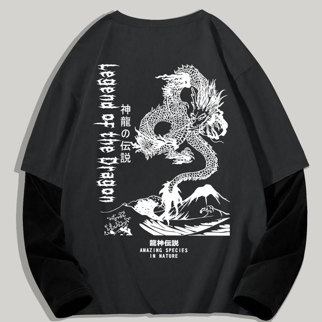 Men's Long Sleeve Crew Neck T-Shirt with Dragon Print, Casual Polyester Knit with Geometric Pattern