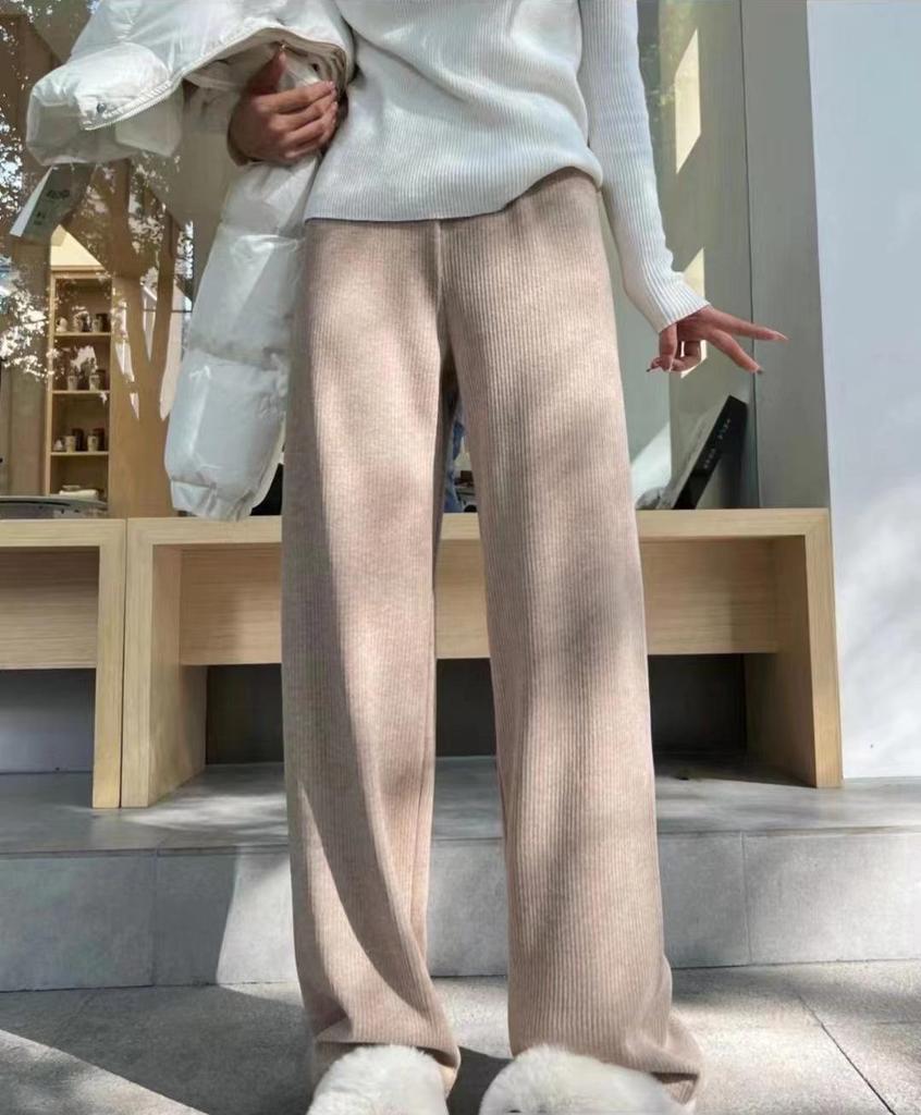 Women's Spring Style Wide-Leg Imitation Cashmere Drawstring Pants - Casual Floor-Length Hong Kong Fashion