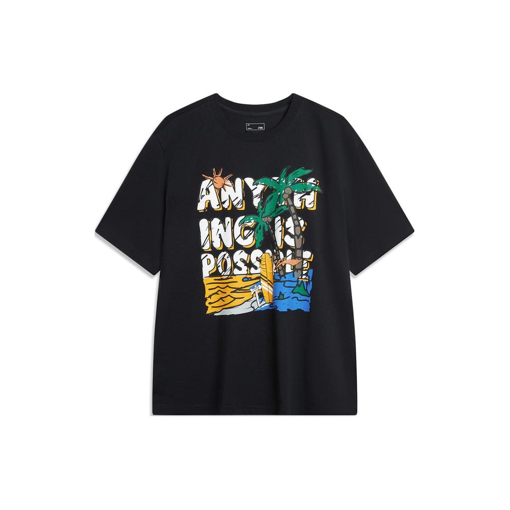 Li-Ning Cool And Breathable Round Neck Pullover Printed Letter Comfortable Short Sleeve T-Shirt Men Tops Black AHSU707-1