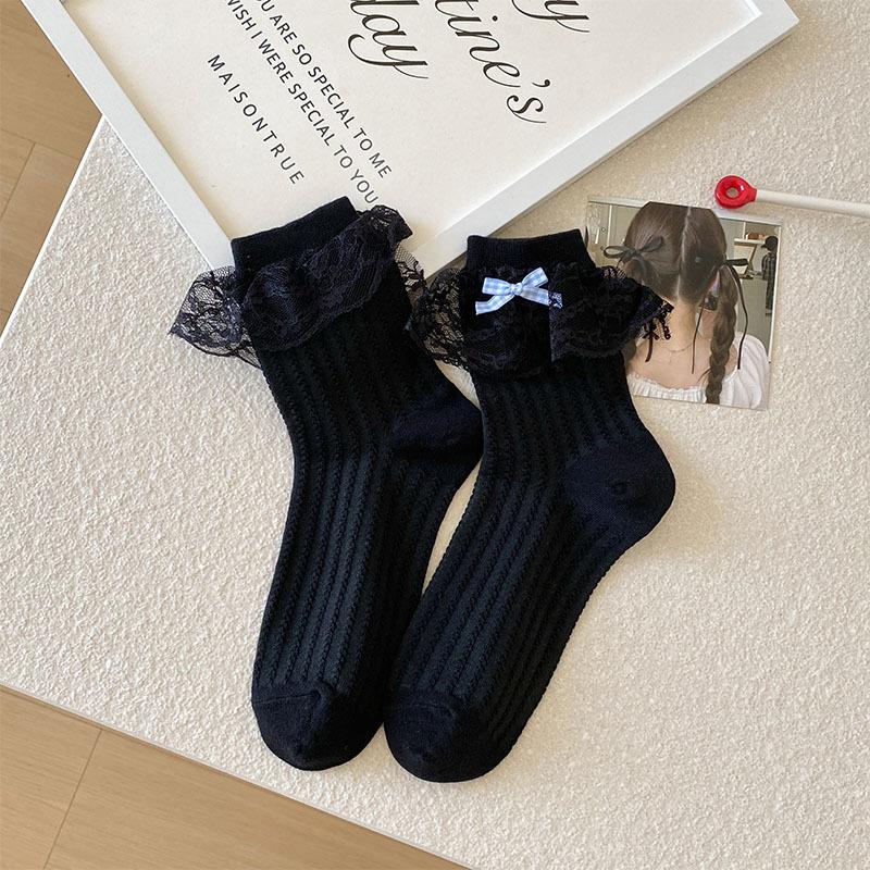 Female Spring Summer New Style Sweet Lace Edge Bow In The Tube Pile Socks