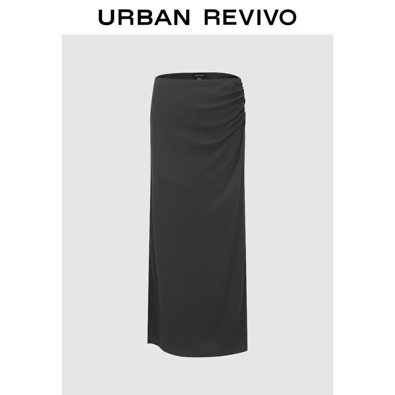 UR 2026 Autumn Women s High-Waist Ruched High-Slit Slim Midi Skirt L