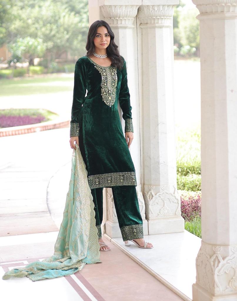 Damen Fertigdesigner Samt Salwar Kameez Indisch Bollywood Partykleidung Salwar Anzug Kleid
