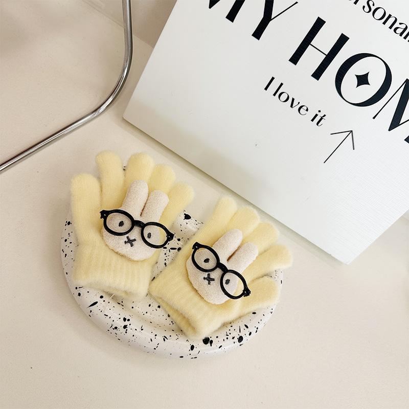 

New Children s Gloves Korean Cute Cartoon Glasses Five Finger Gloves Warm Finger Gloves for Boys and Girls one sze