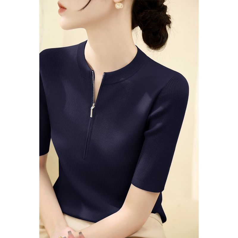 

Front Shoulder Half-Open Collar Half Sleeve Lyocell Zipper Bottoming Shirt Navy blue [short sleeve]] 2XL