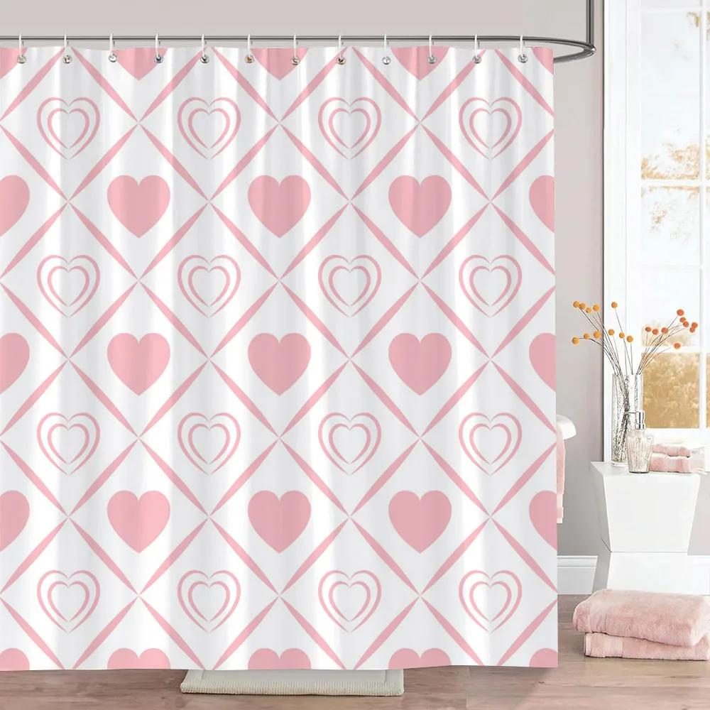Rosa Herz Duschvorhang Weihnachtsgeschenk Geometrische Linien Schlicht Modern Polyesterstoff Duschvorhänge Badezimmerdeko mit Haken