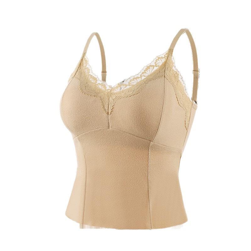 White-Enhancing V-Neck Lace Warm Camisole with Chest Pads - Women's Autumn/Winter Base Layer