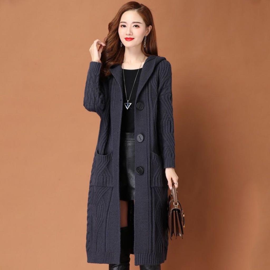 Women's 2025 Autumn Winter Mid-Long Loose Hooded Thick Knit Sweater, Oversized Casual Coat
