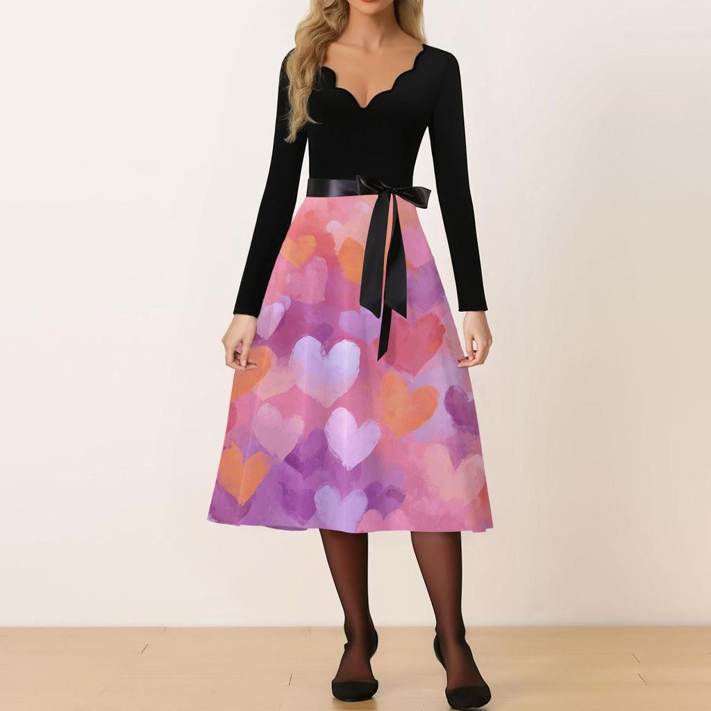 Damska Codzienna Modna Sukienka Retro z Nadrukiem Walentynkowym i Dekoltem V