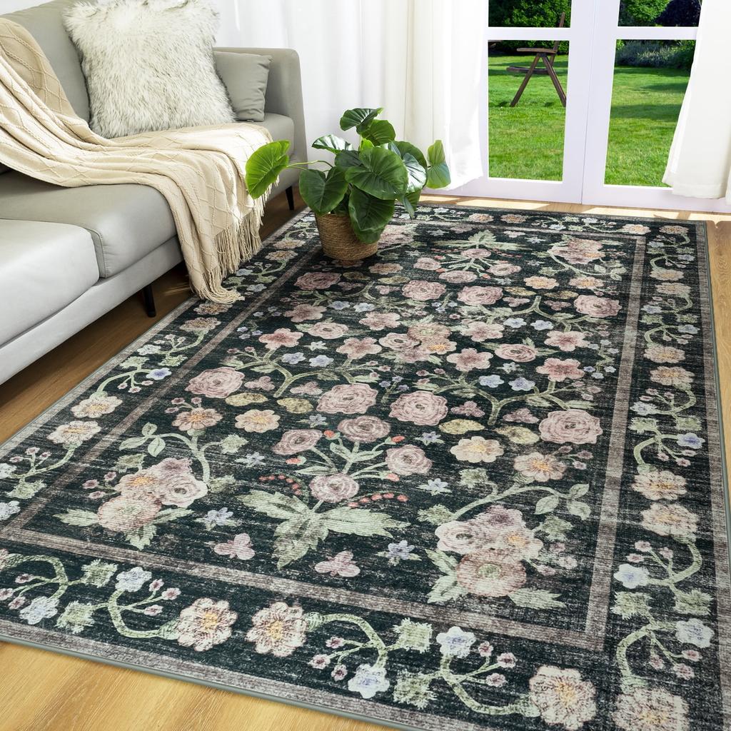 New Vintage Floral Rugs Soft Accent Area Rug Large Size Rugs Low-Pile Carpet for Living Room Bedroom Home Decor Floor Mat