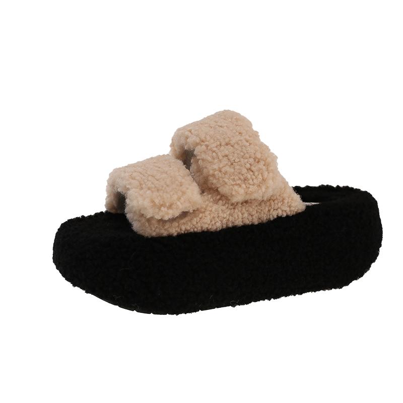 Fashion Women's Home Platform Non-slip Solid Color Fur Slipper Autumn and Winter Fashion Korean Version of Cotton Slippers Zapatos Mujer