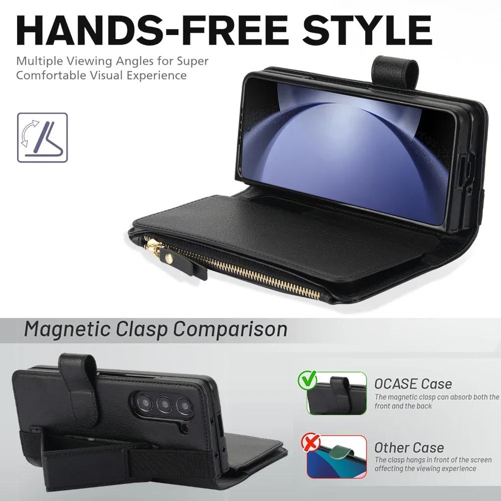 Crossbody Lanyard Leather Phone Case for Samsung Galaxy Z Fold 3 4 5 6 7 with Wristband Wallet Card Holder Protective Cover