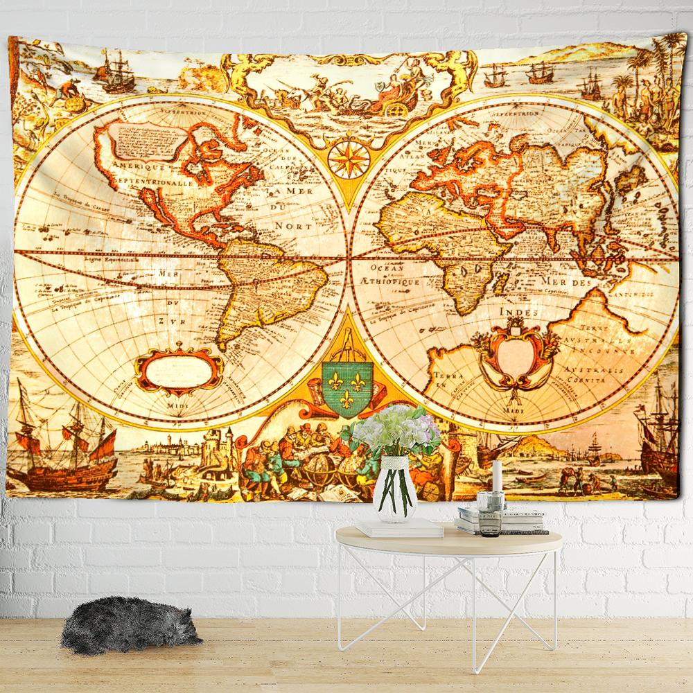 Weltkarte Wandteppich Hängen Aquarell Karte Brief Polyester Tischdecke Strand Handtuch Bohemian Hippie Room Decor
