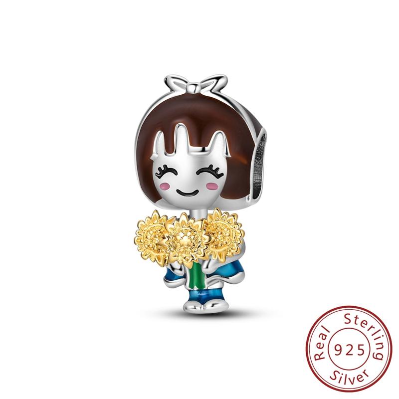 

Charm Bead Components Authentic Original Copper Metal Girl Hugs Yellow Sunflower Bead Components Compatible With Bracelet High Quality Fine Jewelry