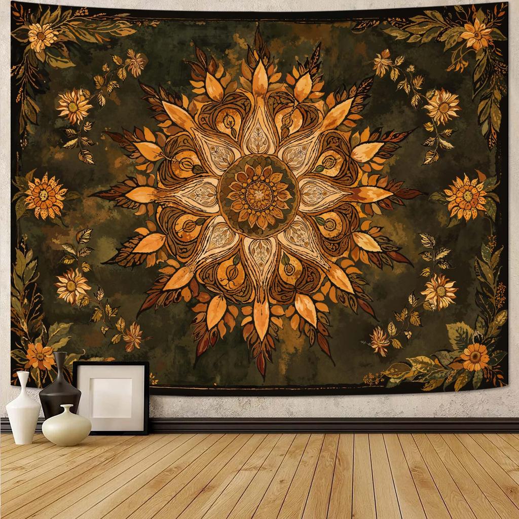 Bohemian Peacock Feather Mandala Tapestry, Colorful Floral Print with Starry Galaxy Background Large Wall Hanging for Bedroom