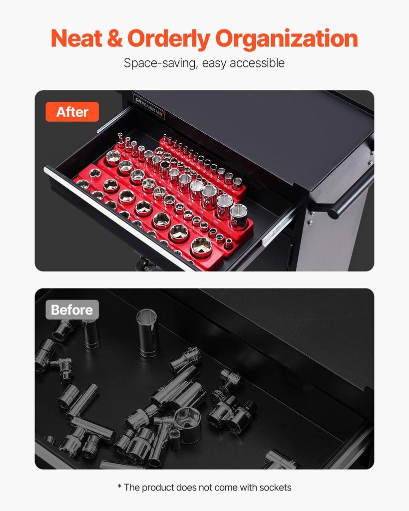 Magnetic Socket Organizer Set 3PCS Magnetic Socket Trays Red for SAE