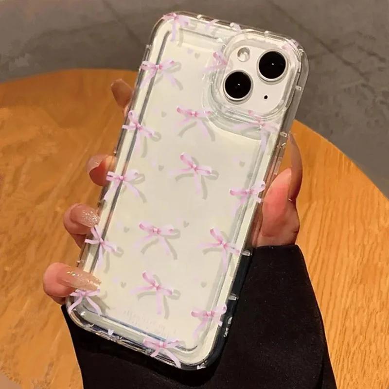 Cute Pink Heart Bow Case for IPhone 16 15 14 13 12 11 Pro Max 13 12Mini XS XR 7 8Plus SE  Shockproof Soft Clear Cases Coque