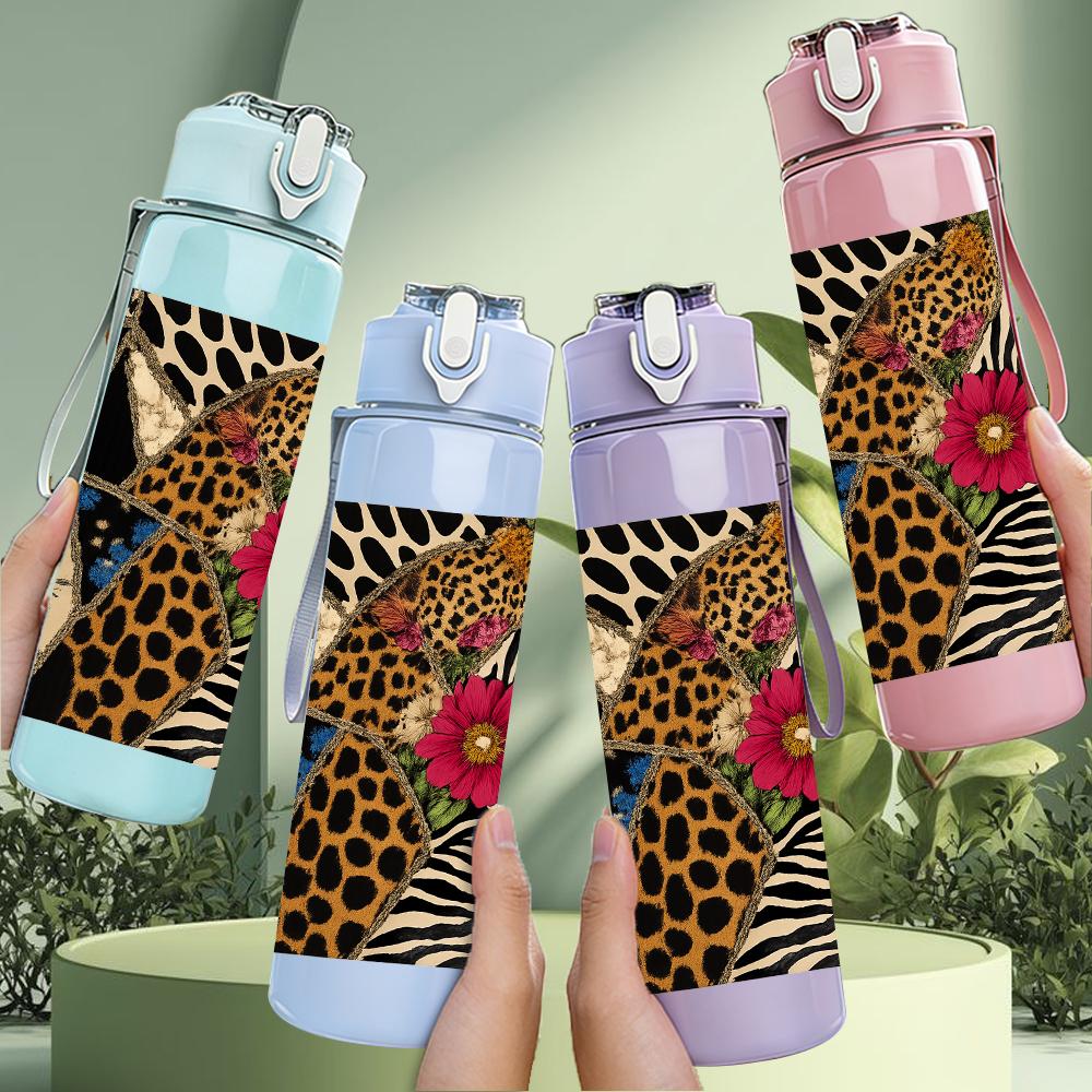 1 PZ Borraccia Sportiva in Plastica da 750 ml con Texture Animalier Floreale, Tappo Flip con Cannuccia Anti-Goccia per Sport, Ufficio, Uso Domestico