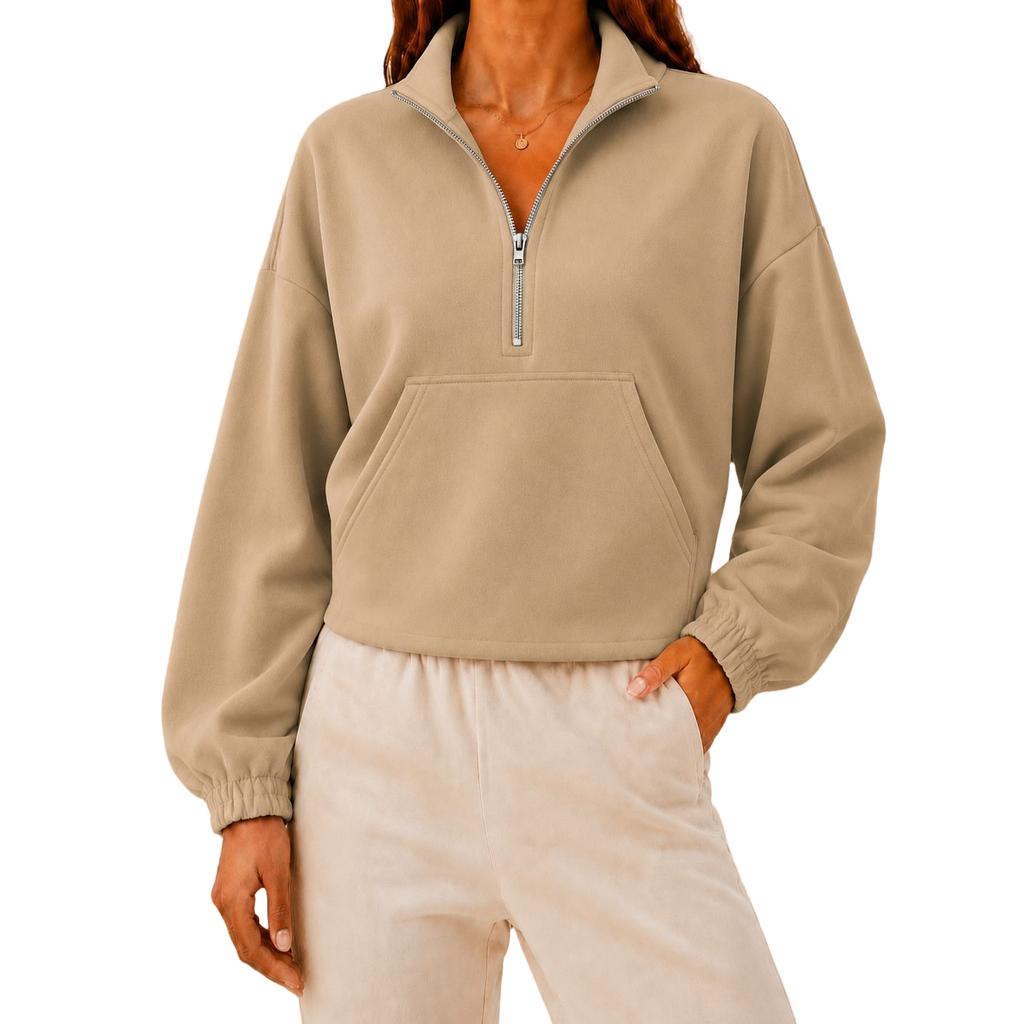 Damen Halbreißverschluss Cropped Langarm Sweatshirt mit Umlegekragen