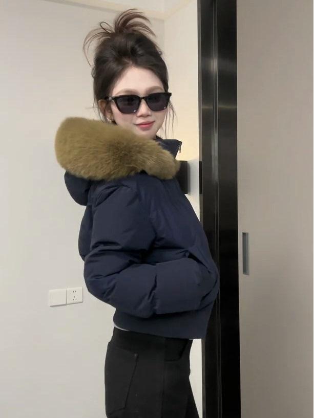 Women's Winter Retro Navy Blue Hooded Cotton-Padded Jacket - Thick & Warm Design