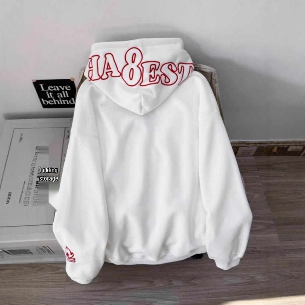 Unisex Flame Embroidery Hooded Sweatshirt - Autumn/Winter Trendy Loose Pullover
