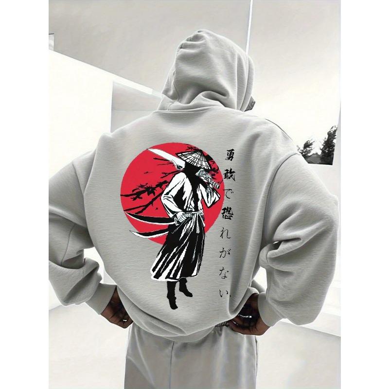 Men Fall Winter Y2K Oriental Hoodie Vintage Ink Ronin Warrior Katana Vertical Kanji Graphic Soft Fleece Hooded Sweatshirt