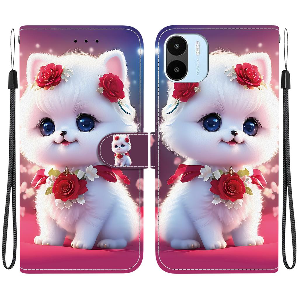 Handmade PU Leather Flip Case for Redmi A1/Redmi A2 Anti-Slip Shockproof Cover with Wrist Strap & Heart/Rose Cat Designs