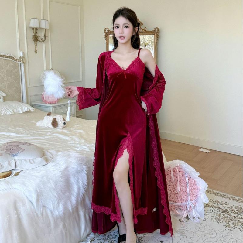 New French long velvet sexy pajamas lace temptation pure desire wind suspender nightdress robe loungewear set