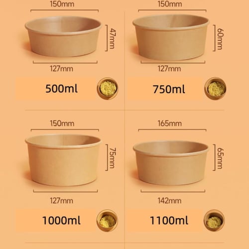 100 Disposable Bowls, Disposable Lunch Boxes with Lids, Paper Kraft Paper, Microwave-Safe, Round, 750ml, with Lids, for BBQs, Commercial Use, Food Con