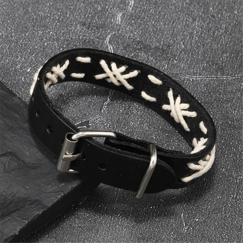 Adjustable Black Leather Bracelet Handcrafted With Wax Cord And Alloy Parts Creative Wristband For Men And Women