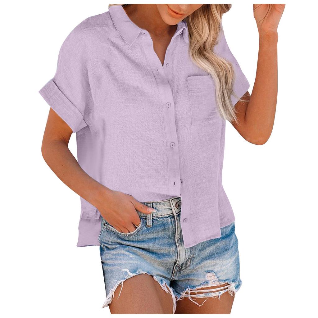 Women's Fashion Shirt Solid Color Short Sleeved Lapel Button Up Shirt Top