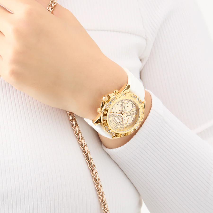 Guess Gold-Tone Crystal Watches for Women - Multi-Function Quartz Watches Female with Silicone Watch Band, 50m Waterproof for Daily Wear GW0772L3
