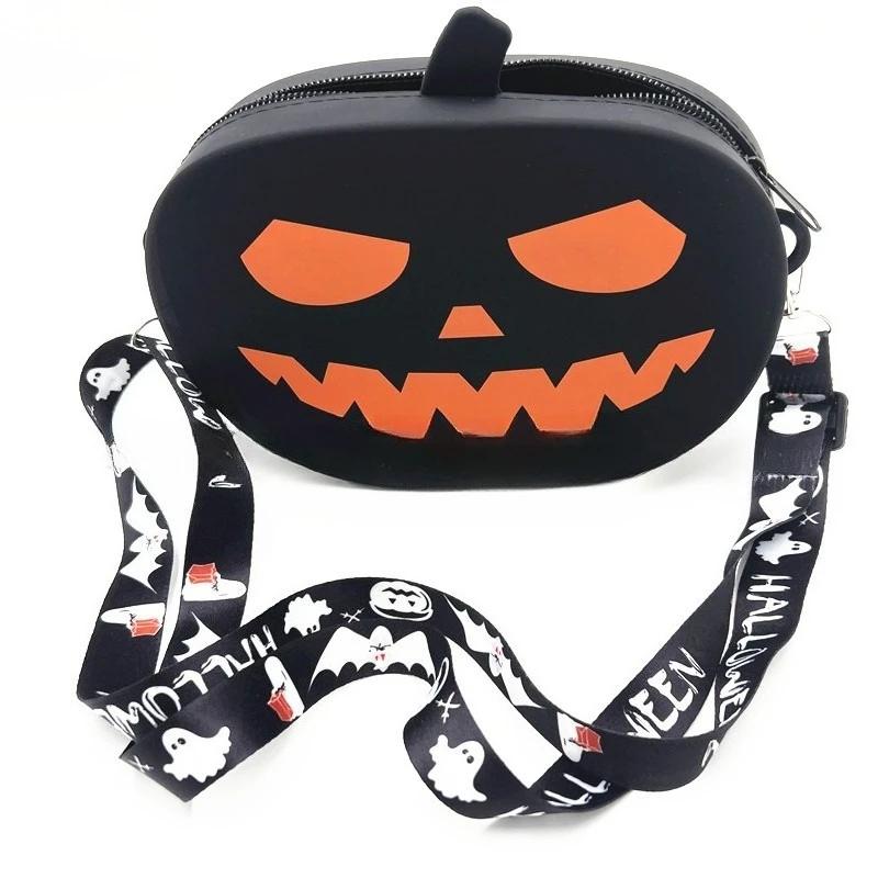 Halloween Pumpkin Silicone Crossbody Bag Waterproof Pumpkin Makeup Storage Purse With Ghost Printed Strap Party Cosplay Bag