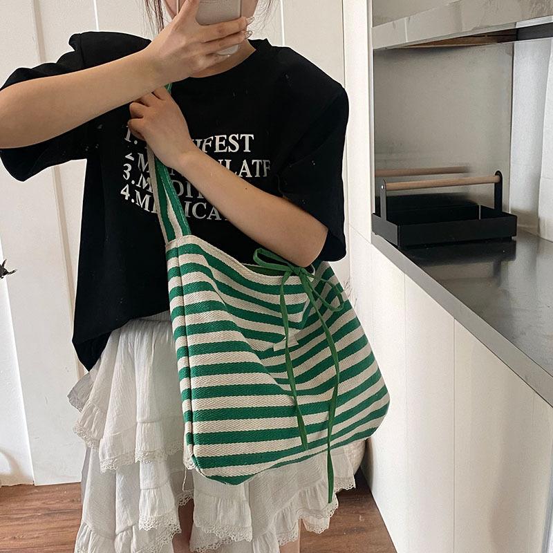 Striped canvas bag 2025 new lazy wind tote bag student large capacity casual shoulder bag women