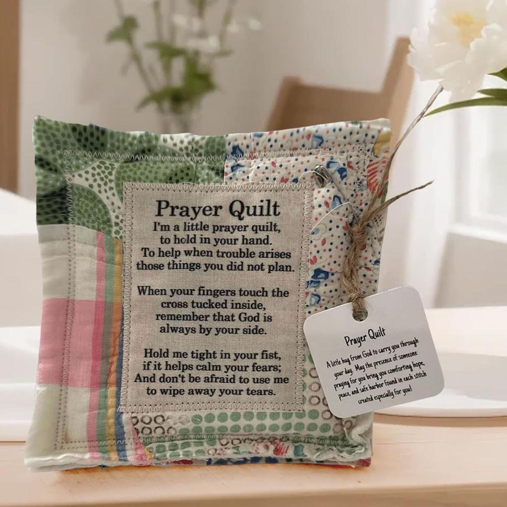 Mini Prayer Quilt with Cross Handcrafted Sew Pocket Poem Quilt for Sympathy Commemorative Present 10x10cm Type 1