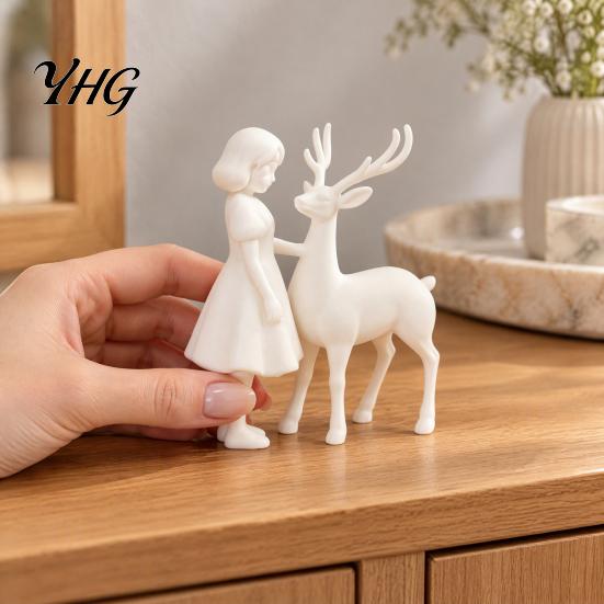 Study Room Desktop Decorations Girl And Deer Figurine, 3D Printed White Artistic Statue, Tabletop Fairy Tale Style Home Decor Ornament Sculpture
