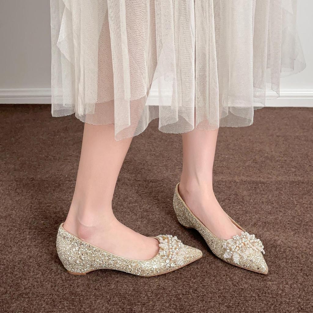 Champagnerfarbene Xiuhe Plateau-Pailletten-Hochzeitsschuhe für Damen - Weite Passform mit innerer Höhenerhöhung