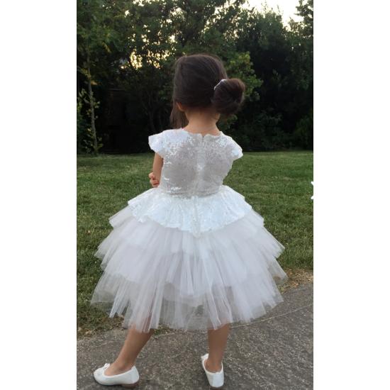 Beyaz pullu,doğum günü,abiye,tütü kız çoçuk elbisesi